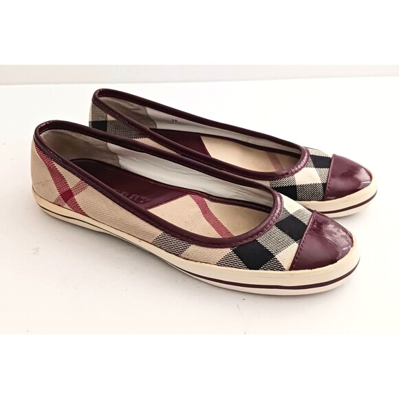 Burberry Nova Check Ballet Flat Burgundy Patent Cap Toe Rubber Bumper EU 35 US 5 - Picture 6 of 13